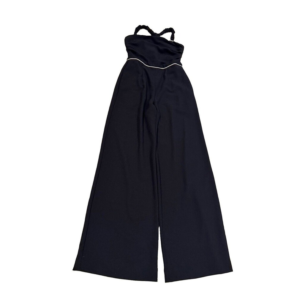 Black Halo Jumpsuit Womens 8 Black Wide Leg Pockets Minimal Work Travel Vacation